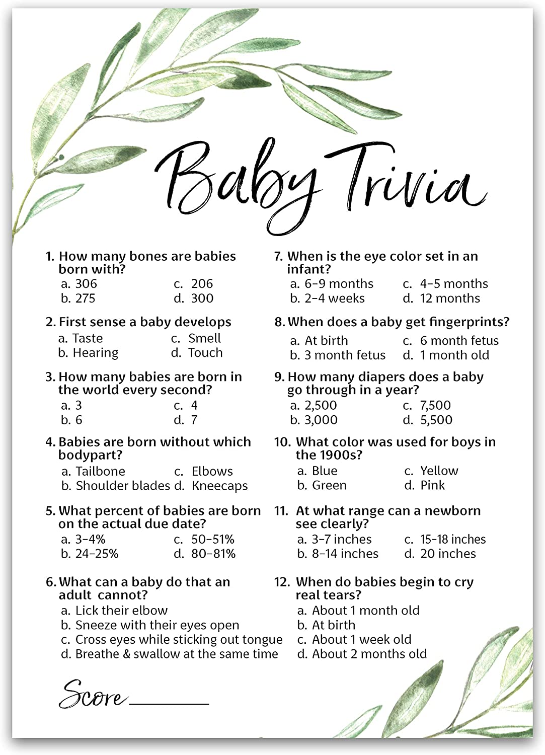 Greenery Baby Shower Game - Baby Trivia • SET of 25