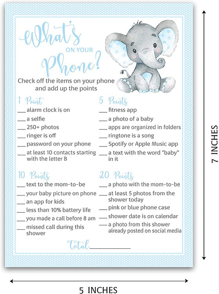 Blue Elephant Baby Shower Game - What's On Your Phone • SET of 25