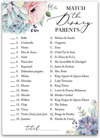 Succulents Baby Shower Game - Disney Parent Match • SET of 25