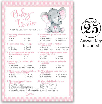 Pink Elephant Baby Shower Game - Baby Trivia • SET of 25
