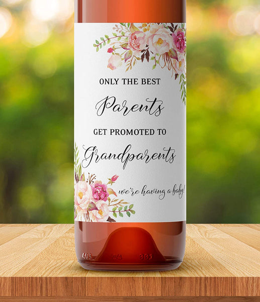 Only The Best Parents Get Promoted To Grandparents • Floral Pregnancy Announcement Wine Labels • SET of 4