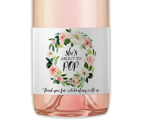 She's About To Pop • Blush Rose Baby Shower Mini Champagne Labels • SET of 12