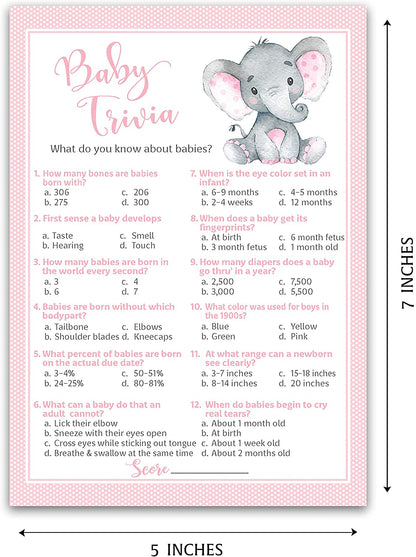 Pink Elephant Baby Shower Game - Baby Trivia • SET of 25