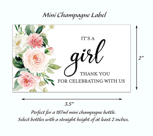 It's a Girl • Baby Shower Mini Champagne Labels • Thank You For Celebrating With Us • SET of 12