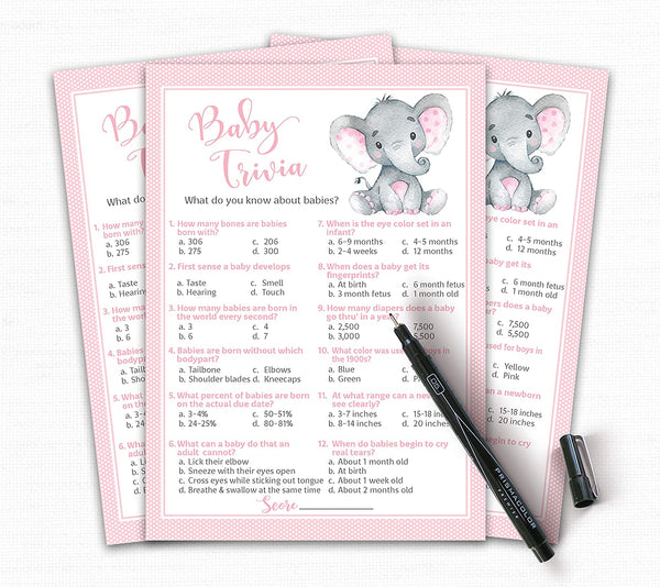 Pink Elephant Baby Shower Game - Baby Trivia • SET of 25