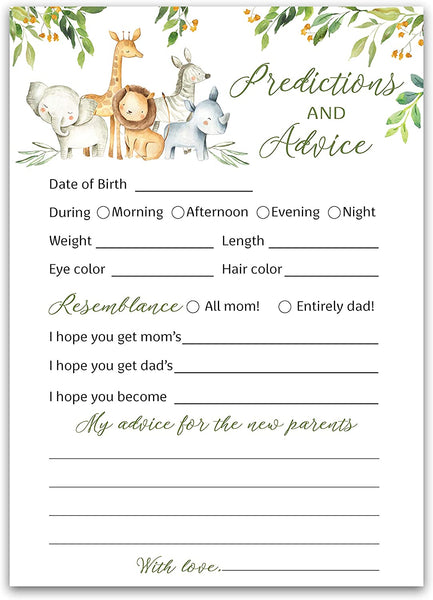 Safari Animals Baby Shower Game - Predictions & Advice Cards • SET of 25
