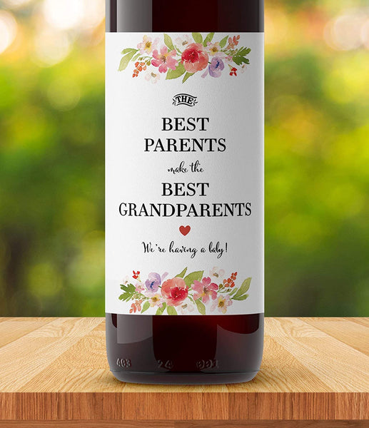 The Best Parents Make The Best Grandparents • Floral Pregnancy Announcement Wine Labels • SET of 4