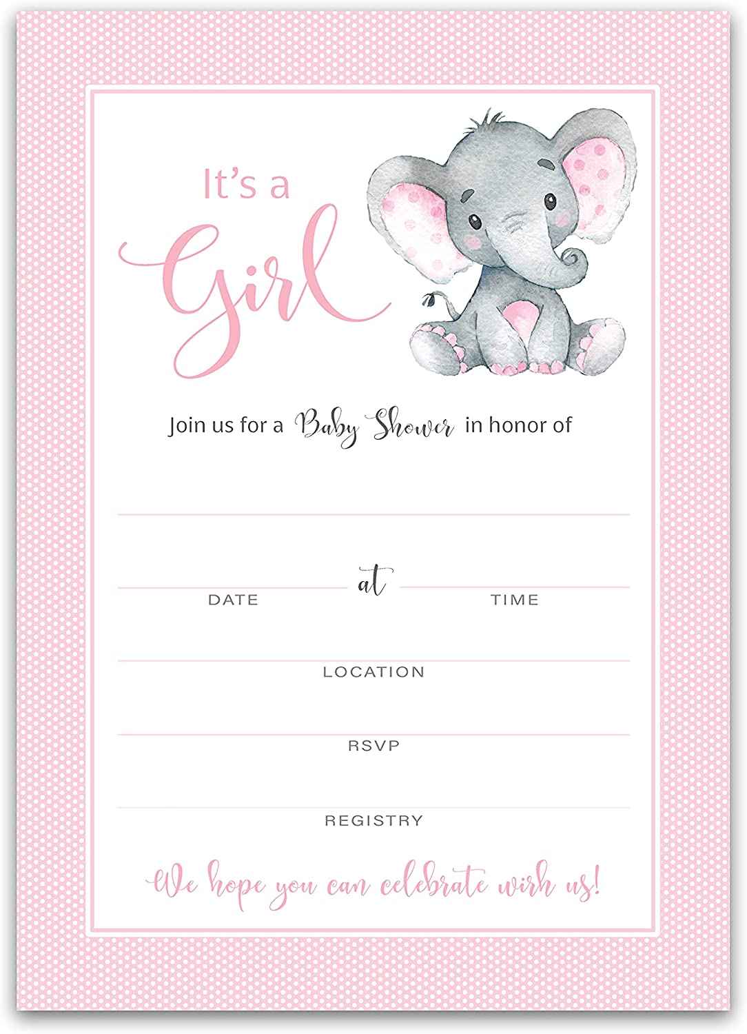 It's a Girl! • Pink Elephant Baby Shower Invitations • SET of 25