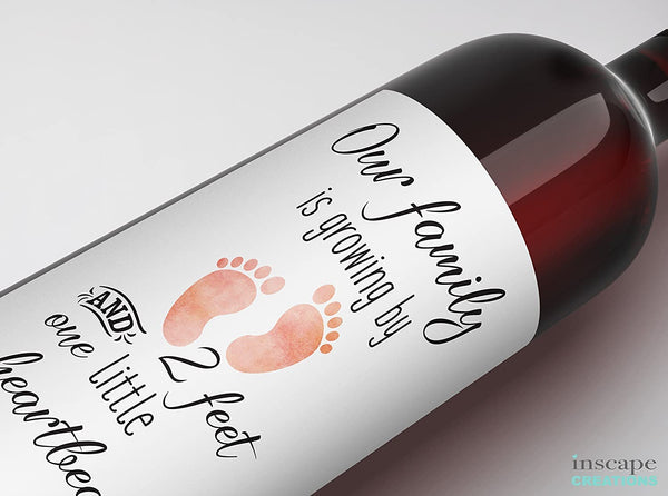 Pregnancy Announcement Wine Labels - 2 Feet & 1 Little Heartbeat • GENDER NEUTRAL • SET of 6