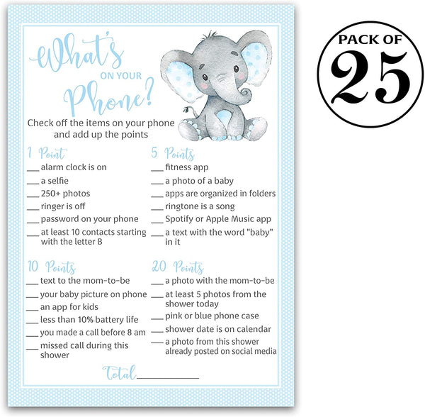 Blue Elephant Baby Shower Game - What's On Your Phone • SET of 25