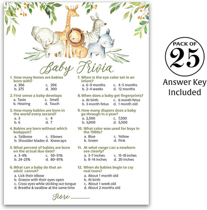 Safari Animals Baby Shower Game - Baby Trivia • SET of 25