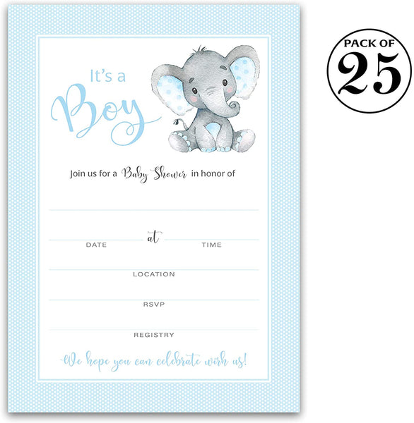 It's a Boy! • Blue Elephant Baby Shower Invitations • SET of 25
