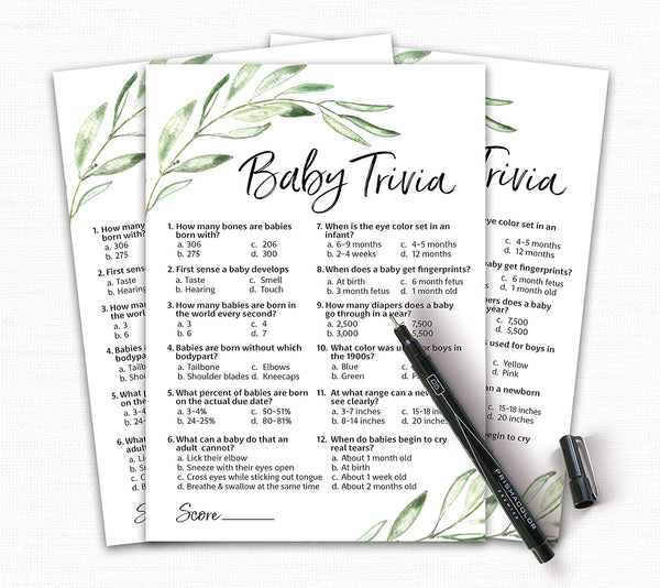 Greenery Baby Shower Game - Baby Trivia • SET of 25