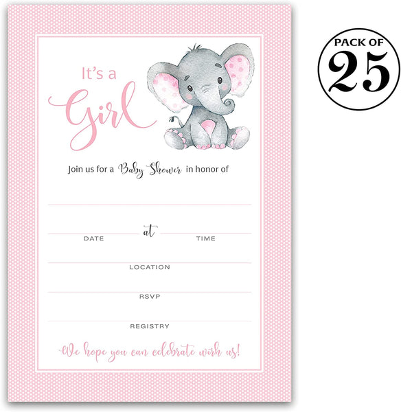 It's a Girl! • Pink Elephant Baby Shower Invitations • SET of 25